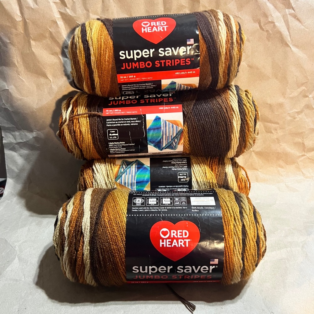 Red Heart 40oz Super Saver Jumbo Stripes Yarn Latte Stripe Brown 4 Skeins Lot